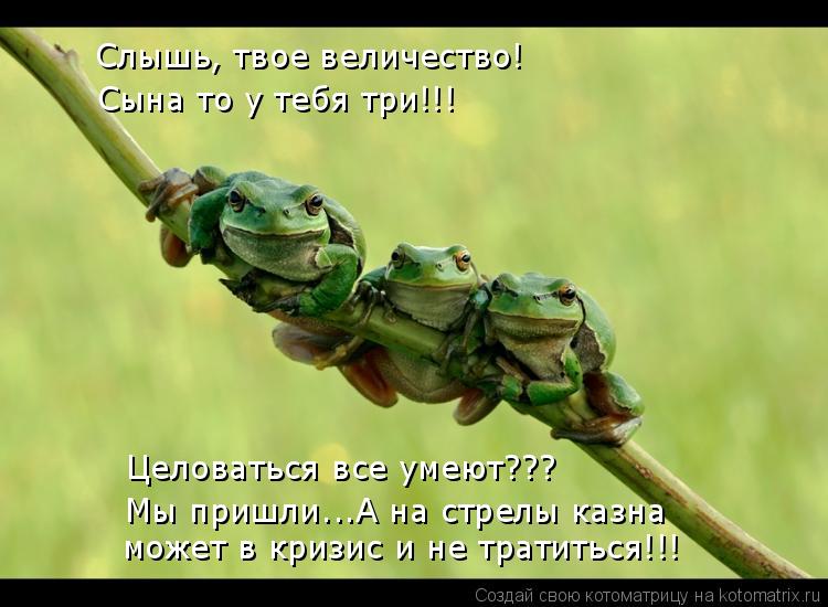 Слышь, твое величество! Сына то у тебя три!!! Целоваться все умеют??? Мы пришли...А на стрелы казна ... Котоматрица: Слышь, твое величество! Сына то у тебя три!!! Целоваться все умеют??? Мы пришли...А на стрелы казна может в кризис и не тратиться!!!