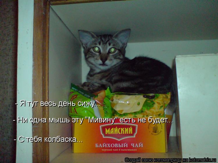 - С тебя колбаска... - Я тут весь день сижу... - Ни одна мышь эту "Мивину" есть не будет...... Котоматрица: - С тебя колбаска... - Я тут весь день сижу... - Ни одна мышь эту "Мивину" есть не будет...