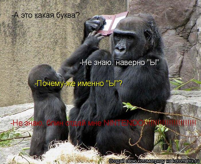 -А это какая буква? -Не знаю. наверно "Ы" -Почему-же именно "Ы"? -Не знаю, блин отдай мне NINTENDO!!!... Котоматрица: -А это какая буква? -Не знаю. наверно "Ы" -Почему-же именно "Ы"? -Не знаю, блин отдай мне NINTENDO!!!!!!!!!!!!!!!!!!!!!!!