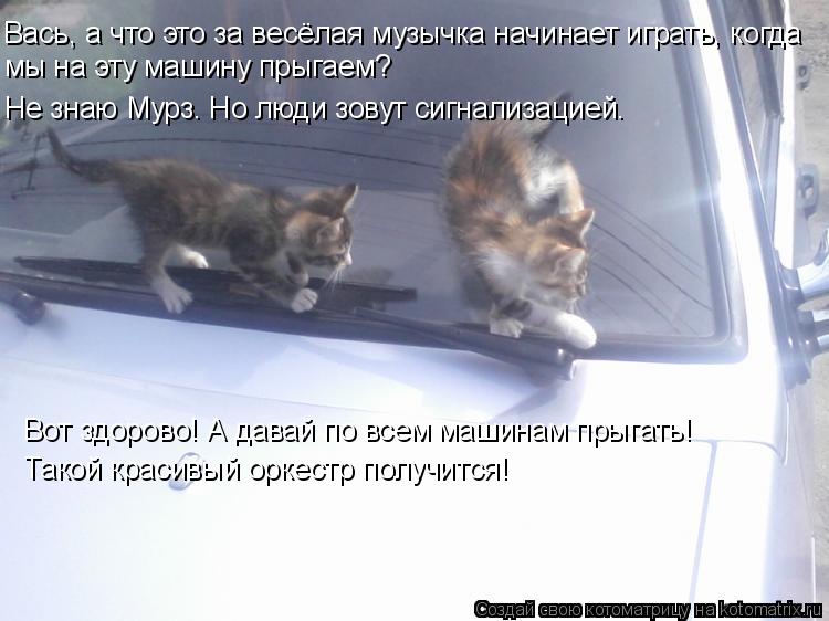 Вась, а что это за весёлая музычка начинает играть, когда мы на эту машину прыгаем? Не знаю Мурз. Но ... Котоматрица: Вась, а что это за весёлая музычка начинает играть, когда мы на эту машину прыгаем? Не знаю Мурз. Но люди зовут сигнализацией. Вот здорово! А д
