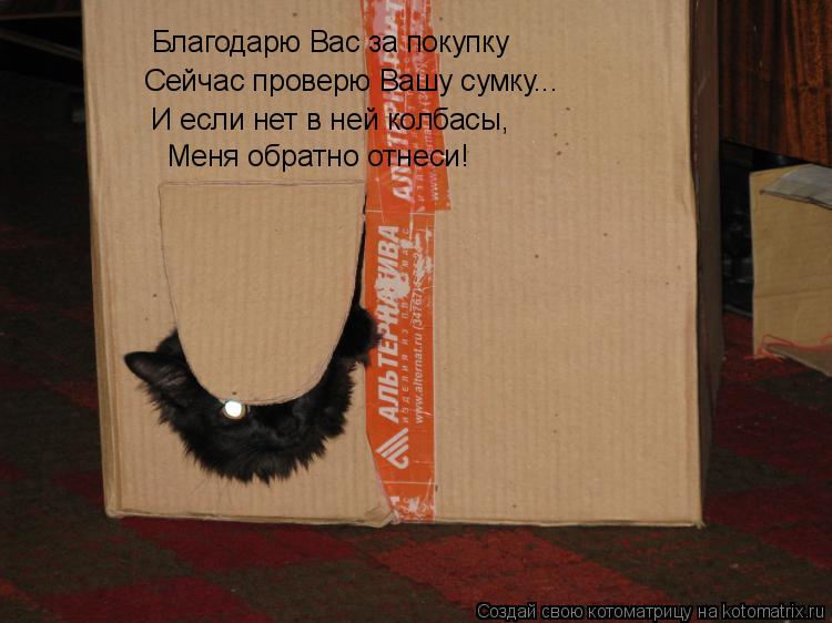 Благодарю Вас за покупку Сейчас проверю Вашу сумку... И если нет в ней колбасы, Меня обратно отнеси!... Котоматрица: Благодарю Вас за покупку Сейчас проверю Вашу сумку... И если нет в ней колбасы, Меня обратно отнеси!