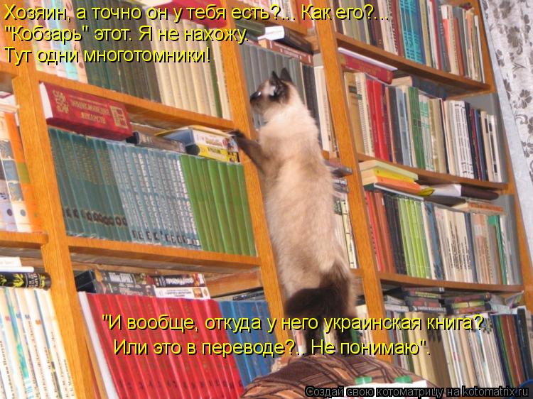 Хозяин, а точно он у тебя есть?... Как его?... "Кобзарь" этот. Я не нахожу. Тут одни многотомники! "... Котоматрица: Хозяин, а точно он у тебя есть?... Как его?... "Кобзарь" этот. Я не нахожу. Тут одни многотомники! "И вообще, откуда у него украинская книга? Или эт