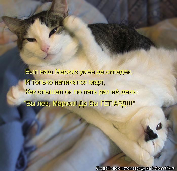 Был наш Маркиз умён да складен, И только начинался март, Как слышал он по пять раз нА день: "Вы лев, ... Котоматрица: Был наш Маркиз умён да складен, И только начинался март, Как слышал он по пять раз нА день: "Вы лев, Маркиз! Да Вы ГЕПАРД!!!"