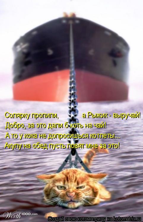 Солярку пропили, а Рыжик - выручай! Добро, за это дали б хоть на чай! А то у кока не допр... Котоматрица: Солярку пропили, а Рыжик - выручай! Добро, за это дали б хоть на чай! А то у кока не допросишься котлеты….. Акулу на обед пусть ловят мне