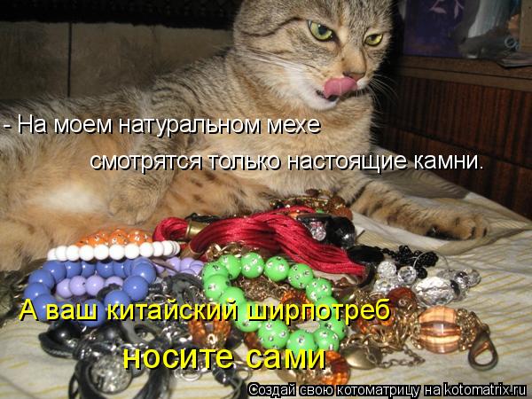 - На моем натуральном мехе смотрятся только настоящие камни. А ваш китайский ширпотреб носите сами... Котоматрица: - На моем натуральном мехе смотрятся только настоящие камни. А ваш китайский ширпотреб носите сами