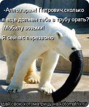 -Алло,гараж! Петрович,сколько я еще должен тебе в трубу орать?! Мобилу возьми! Я сейчас перезвоню... Котоматрица: -Алло,гараж! Петрович,сколько я еще должен тебе в трубу орать?! Мобилу возьми! Я сейчас перезвоню