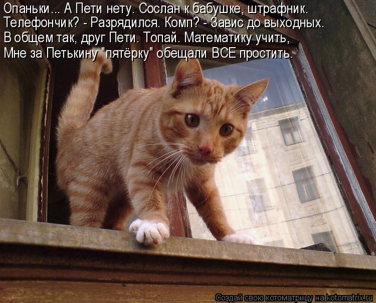 Опаньки... А Пети нету. Сослан к бабушке, штрафник. Телефончик? - Разрядился. Комп? - Завис до выходн... Котоматрица: Опаньки... А Пети нету. Сослан к бабушке, штрафник. Телефончик? - Разрядился. Комп? - Завис до выходных. В общем так, друг Пети. Топай. Математику