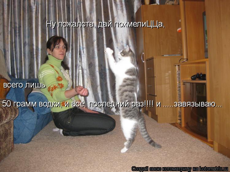 50 грамм водки, и всё, последний раз!!!! и .....завязываю... Ну пожалста, дай похмелиЦЦа, всего лишь... Котоматрица: 50 грамм водки, и всё, последний раз!!!! и .....завязываю... Ну пожалста, дай похмелиЦЦа, всего лишь