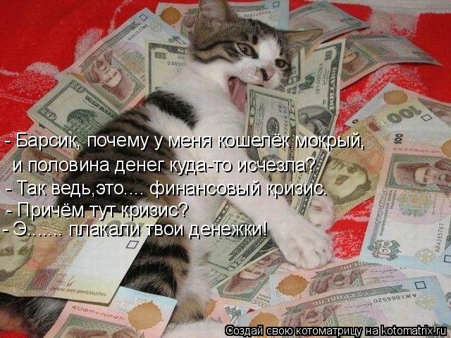 - Барсик, почему у меня кошелёк мокрый, и половина денег куда-то исчезла? - Так ведь,это.... финансов... Котоматрица: - Барсик, почему у меня кошелёк мокрый, и половина денег куда-то исчезла? - Так ведь,это.... финансовый кризис. - Причём тут кризис? - Э....... плакал