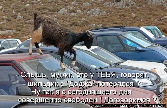 - Слышь, мужик, это у ТЕБЯ, говорят, шильдик с "Доджа" потерялся ? Ну так я с сегодняшнего дня соверш... Котоматрица: - Слышь, мужик, это у ТЕБЯ, говорят, шильдик с "Доджа" потерялся ? Ну так я с сегодняшнего дня совершенно свободен ! Договоримся ?..