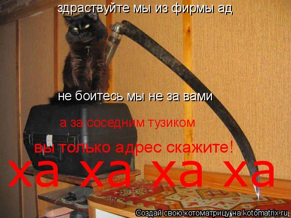 здраствуйте мы из фирмы ад не боитесь мы не за вами а за соседним тузиком вы только адрес скажите! ха... Котоматрица: здраствуйте мы из фирмы ад не боитесь мы не за вами а за соседним тузиком вы только адрес скажите! ха ха ха ха