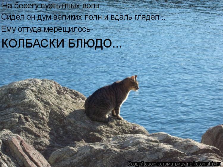 На берегу пустынных волн Сидел он дум великих полн и вдаль глядел... Ему оттуда мерещилось КОЛБАСКИ Б... Котоматрица: На берегу пустынных волн Сидел он дум великих полн и вдаль глядел... Ему оттуда мерещилось КОЛБАСКИ БЛЮДО...
