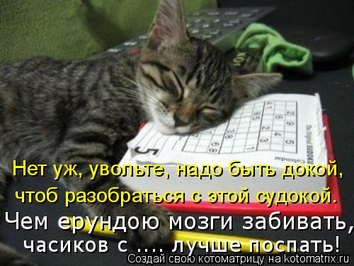 Нет уж, увольте, надо быть докой, чтоб разобраться с этой судокой. часиков с .... лучше поспать! Чем... Котоматрица: Нет уж, увольте, надо быть докой, чтоб разобраться с этой судокой. часиков с .... лучше поспать! Чем ерундою мозги забивать,