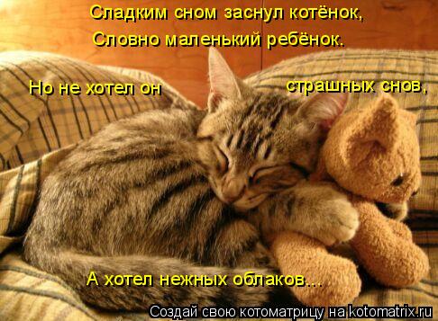 Словно маленький ребёнок. Сладким сном заснул котёнок, Но не хотел он страшных снов, А хотел нежных ... Котоматрица: Словно маленький ребёнок. Сладким сном заснул котёнок, Но не хотел он страшных снов, А хотел нежных облаков...