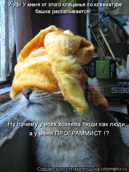 У-уф! У меня от этого клацанья по клавиатуре башка раскалывается! Ну почему у всех хозяева люди как л... Котоматрица: У-уф! У меня от этого клацанья по клавиатуре башка раскалывается! Ну почему у всех хозяева люди как люди, а у меня ПРОГРАММИСТ !?