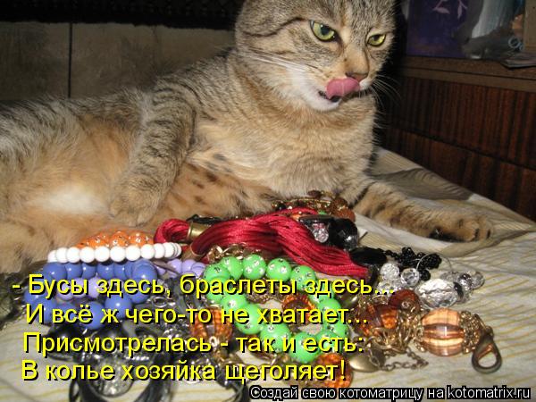 - Бусы здесь, браслеты здесь... И всё ж чего-то не хватает... Присмотрелась - так и есть: В колье хоз... Котоматрица: - Бусы здесь, браслеты здесь... И всё ж чего-то не хватает... Присмотрелась - так и есть: В колье хозяйка щеголяет!