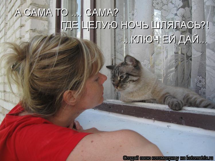 А САМА ТО .... САМА? ГДЕ ЦЕЛУЮ НОЧЬ ШЛЯЛАСЬ?! ...КЛЮЧ ЕЙ ДАЙ...... Котоматрица: А САМА ТО .... САМА? ГДЕ ЦЕЛУЮ НОЧЬ ШЛЯЛАСЬ?! ...КЛЮЧ ЕЙ ДАЙ...