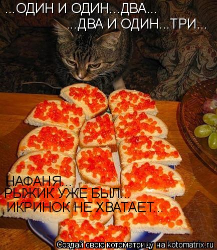 ...ОДИН И ОДИН...ДВА... ...ДВА И ОДИН...ТРИ... НАФАНЯ... РЫЖИК УЖЕ БЫЛ... ИКРИНОК НЕ ХВАТАЕТ...... Котоматрица: ...ОДИН И ОДИН...ДВА... ...ДВА И ОДИН...ТРИ... НАФАНЯ... РЫЖИК УЖЕ БЫЛ... ИКРИНОК НЕ ХВАТАЕТ...