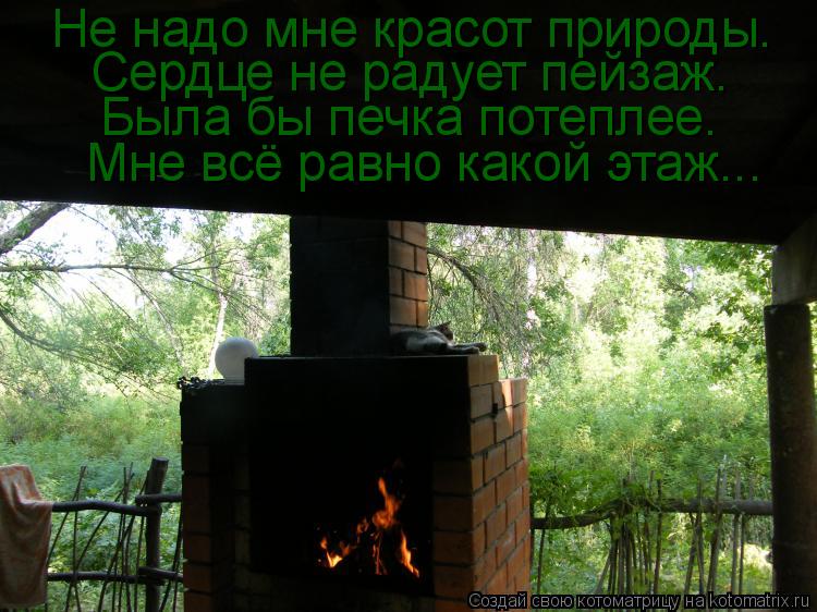 Не надо мне красот природы. Сердце не радует пейзаж. Была бы печка потеплее. Мне всё равно какой этаж... Котоматрица: Не надо мне красот природы. Сердце не радует пейзаж. Была бы печка потеплее. Мне всё равно какой этаж...