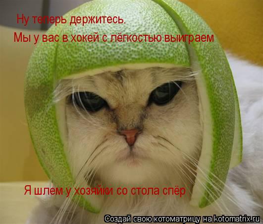 Ну теперь держитесь. Мы у вас в хокей с лёгкостью выиграем Я шлем у хозяйки со стола спёр... Котоматрица: Ну теперь держитесь. Мы у вас в хокей с лёгкостью выиграем Я шлем у хозяйки со стола спёр