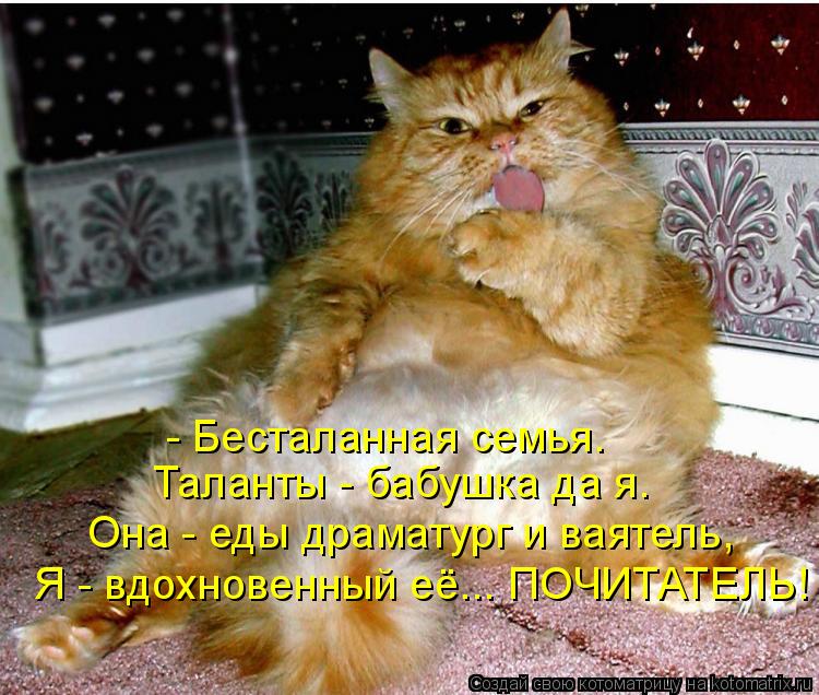 Котоматрица: - Бесталанная семья. Таланты - бабушка да я. Она - еды драматург и ваятель, Я - вдохновенный её... ПОЧИТАТЕЛЬ!
