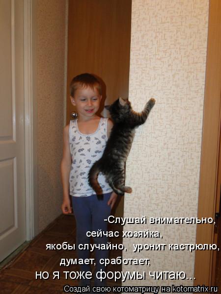 -Слушай внимательно, сейчас хозяйка, якобы случайно, уронит кастрюлю, думает, сработает, но я тож... Котоматрица: -Слушай внимательно, сейчас хозяйка, якобы случайно, уронит кастрюлю, думает, сработает, но я тоже форумы читаю...