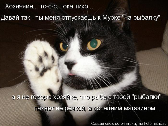 Хозяяяин... тс-с-с, тока тихо... Давай так - ты меня отпускаешь к Мурке "на рыбалку", а я не говорю х... Котоматрица: Хозяяяин... тс-с-с, тока тихо... Давай так - ты меня отпускаешь к Мурке "на рыбалку", а я не говорю хозяйке, что рыба с твоей "рыбалки" пахнет не ре