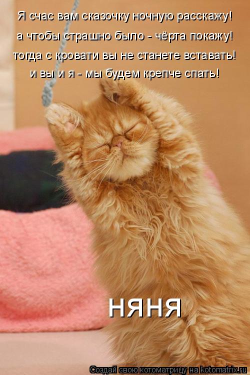 Я счас вам сказочку ночную расскажу! а чтобы страшно было - чёрта покажу! тогда с кровати вы не стане... Котоматрица: Я счас вам сказочку ночную расскажу! а чтобы страшно было - чёрта покажу! тогда с кровати вы не станете вставать! и вы и я - мы будем крепче спа