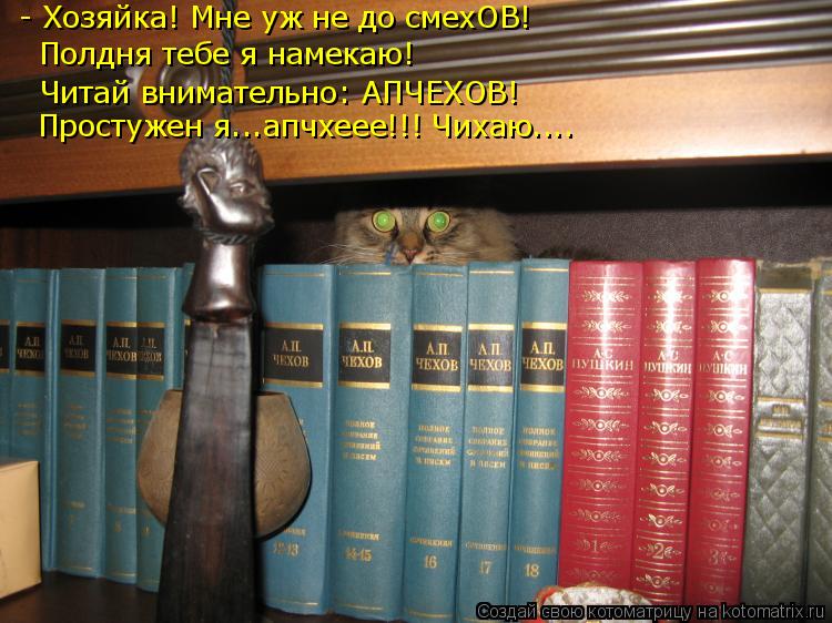 - Хозяйка! Мне уж не до смехОВ! Полдня тебе я намекаю! Читай внимательно: АПЧЕХОВ! Простужен я...апчх... Котоматрица: - Хозяйка! Мне уж не до смехОВ! Полдня тебе я намекаю! Читай внимательно: АПЧЕХОВ! Простужен я...апчхеее!!! Чихаю....