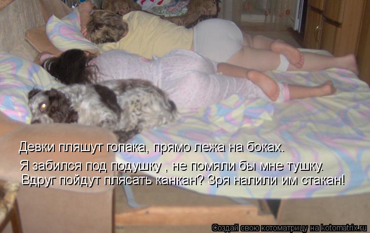 Я забился под подушку , не помяли бы мне тушку. Вдруг пойдут плясать канкан? Зря налили им стакан! Де... Котоматрица: Я забился под подушку , не помяли бы мне тушку. Вдруг пойдут плясать канкан? Зря налили им стакан! Девки пляшут гопака, прямо лежа на боках.