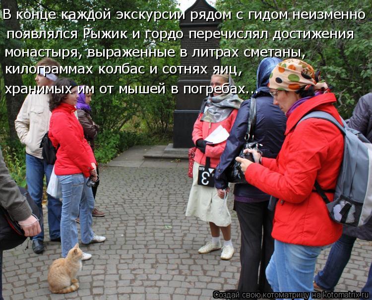 В конце каждой экскурсии рядом с гидом неизменно монастыря, выраженные в литрах сметаны, появлялся Р... Котоматрица: В конце каждой экскурсии рядом с гидом неизменно монастыря, выраженные в литрах сметаны, появлялся Рыжик и гордо перечислял достижения ки