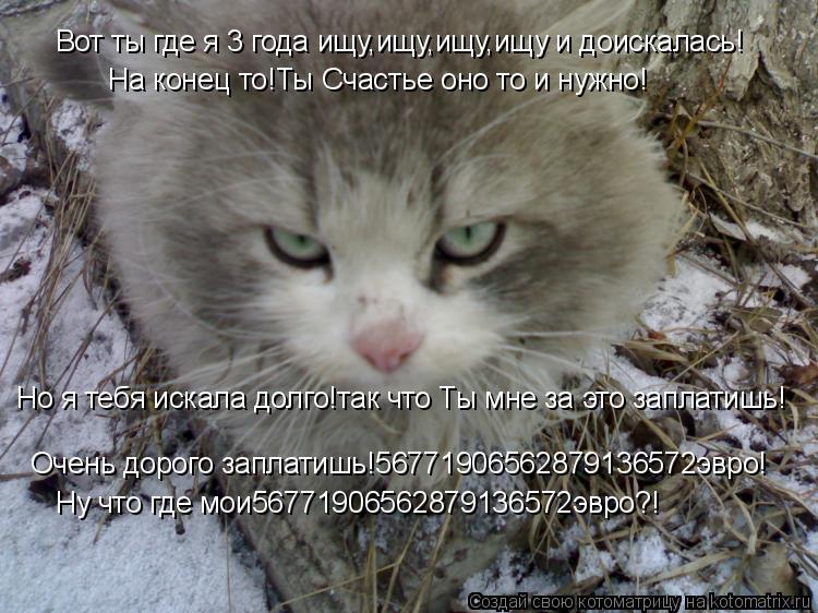 Вот ты где я 3 года ищу,ищу,ищу,ищу и доискалась! На конец то!Ты Счастье оно то и нужно! Но я тебя ис... Котоматрица: Вот ты где я 3 года ищу,ищу,ищу,ищу и доискалась! На конец то!Ты Счастье оно то и нужно! Но я тебя искала долго!так что Ты мне за это заплатишь!