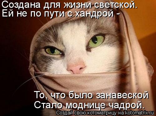 То, что было занавеской Создана для жизни светской. Ей не по пути с хандрой - Стало моднице чадрой.... Котоматрица: То, что было занавеской Создана для жизни светской. Ей не по пути с хандрой - Стало моднице чадрой.
