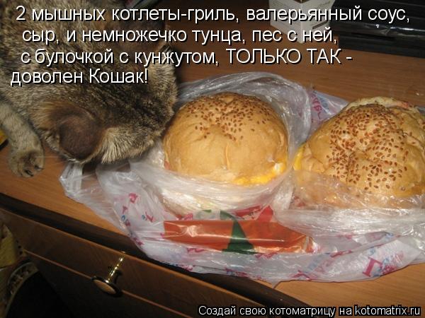2 мышных котлеты-гриль, валерьянный соус, сыр, и немножечко тунца, пес с ней, с булочкой с кунжутом,... Котоматрица: 2 мышных котлеты-гриль, валерьянный соус, сыр, и немножечко тунца, пес с ней, с булочкой с кунжутом, ТОЛЬКО ТАК - доволен Кошак!