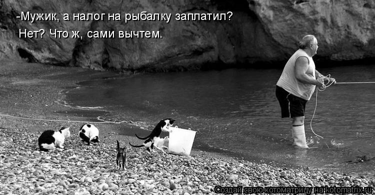 -Мужик, а налог на рыбалку заплатил? Нет? Что ж, сами вычтем.... Котоматрица: -Мужик, а налог на рыбалку заплатил? Нет? Что ж, сами вычтем.