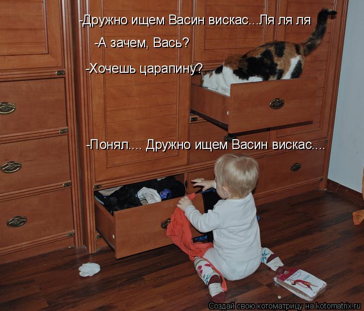 Котоматрица: -Дружно ищем Васин вискас...Ля ля ля -А зачем, Вась? -Хочешь царапину? - -Понял.... Дружно ищем Васин вискас....
