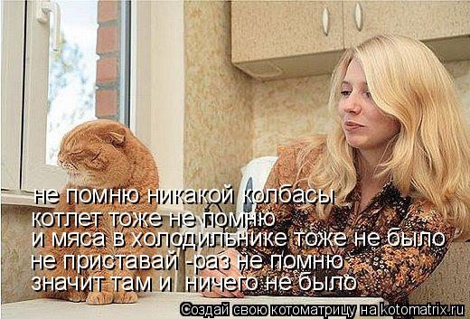 не помню никакой колбасы котлет тоже не помню и мяса в холодильнике тоже не было не приставай -раз не... Котоматрица: не помню никакой колбасы котлет тоже не помню и мяса в холодильнике тоже не было не приставай -раз не помню значит там и ничего не было