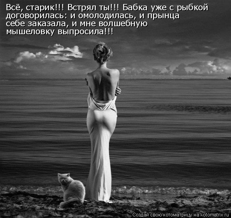 Всё, старик!!! Встрял ты!!! Бабка уже с рыбкой договорилась: и омолодилась, и прынца себе заказала, ... Котоматрица: Всё, старик!!! Встрял ты!!! Бабка уже с рыбкой договорилась: и омолодилась, и прынца себе заказала, и мне волшебную мышеловку выпросила!!!