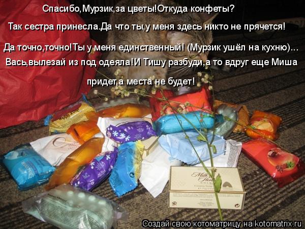 Так сестра принесла.Да что ты,у меня здесь никто не прячется! Спасибо,Мурзик,за цветы!Откуда конфеты?... Котоматрица: Так сестра принесла.Да что ты,у меня здесь никто не прячется! Спасибо,Мурзик,за цветы!Откуда конфеты? Да точно,точно!Ты у меня единственный! (