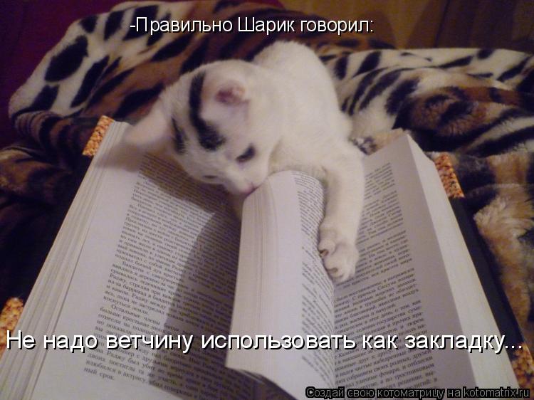 -Правильно Шарик говорил: Не надо ветчину использовать как закладку...... Котоматрица: -Правильно Шарик говорил: Не надо ветчину использовать как закладку...