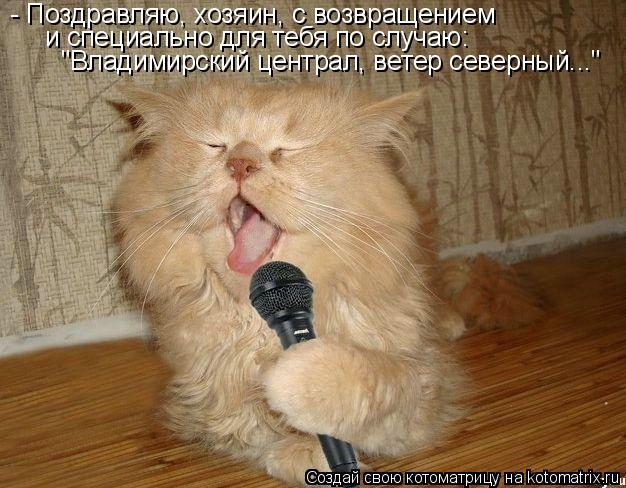 - Поздравляю, хозяин, с возвращением и специально для тебя по случаю: "Владимирский централ, ветер с... Котоматрица: - Поздравляю, хозяин, с возвращением и специально для тебя по случаю: "Владимирский централ, ветер северный..."