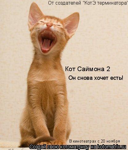 Кот Саймона 2 В кинотеатрах с 20 ноября От создателей "КотЭ терминатора" Он снова хочет есть!... Котоматрица: Кот Саймона 2 В кинотеатрах с 20 ноября От создателей "КотЭ терминатора" Он снова хочет есть!