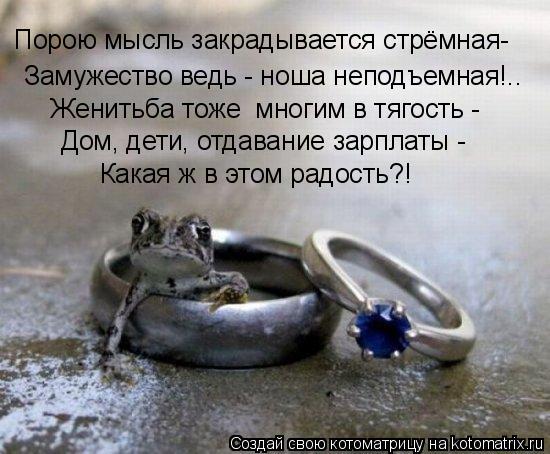 Замужество ведь - ноша неподъемная!.. Женитьба тоже многим в тягость - Дом, дети, отдавание зарплат... Котоматрица: Замужество ведь - ноша неподъемная!.. Женитьба тоже многим в тягость - Дом, дети, отдавание зарплаты - Какая ж в этом радость?! Порою мысль за