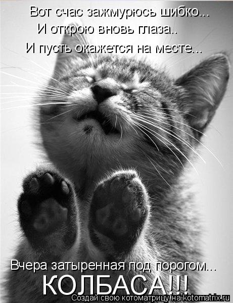 Вот счас зажмурюсь шибко... И открою вновь глаза.. И пусть окажется на месте... Вчера затыренная под ... Котоматрица: Вот счас зажмурюсь шибко... И открою вновь глаза.. И пусть окажется на месте... Вчера затыренная под порогом... КОЛБАСА!!!