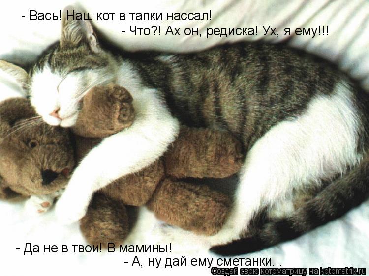 - Вась! Наш кот в тапки нассал! - Что?! Ах он, редиска! Ух, я ему!!! - Да не в твои! В мамины! - А, ... Котоматрица: - Вась! Наш кот в тапки нассал! - Что?! Ах он, редиска! Ух, я ему!!! - Да не в твои! В мамины! - А, ну дай ему сметанки...