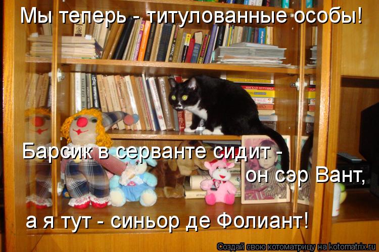 Котоматрица: Мы теперь - титулованные особы! Барсик в серванте сидит - он сэр Вант, а я тут - синьор де Фолиант!