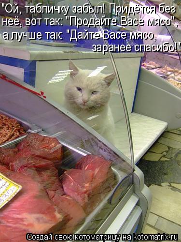 "Ой, табличку забыл! Придётся без неё, вот так: "Продайте Васе мясо", - а лучше так: "Дайте Васе мясо... Котоматрица: "Ой, табличку забыл! Придётся без неё, вот так: "Продайте Васе мясо", - а лучше так: "Дайте Васе мясо, заранее спасибо!"