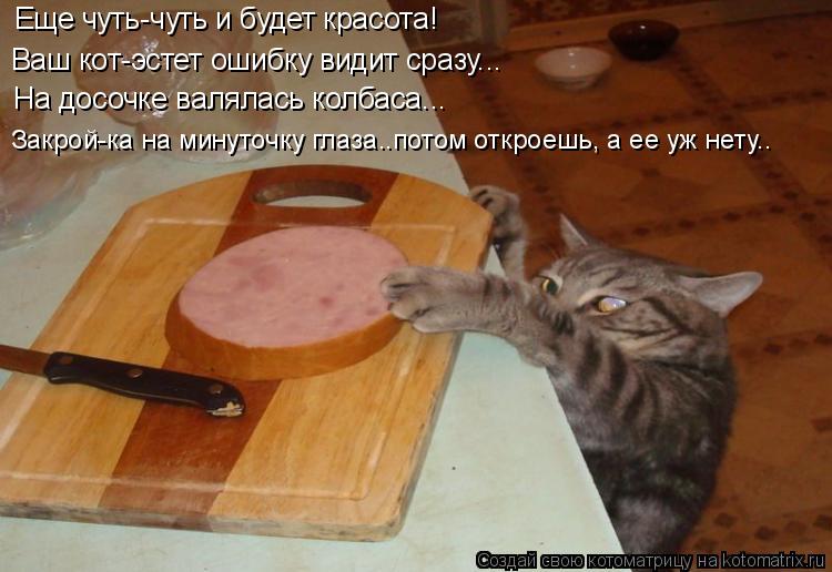 Еще чуть-чуть и будет красота! Ваш кот-эстет ошибку видит сразу... На досочке валялась колбаса... Зак... Котоматрица: Еще чуть-чуть и будет красота! Ваш кот-эстет ошибку видит сразу... На досочке валялась колбаса... Закрой-ка на минуточку глаза..потом откроешь,