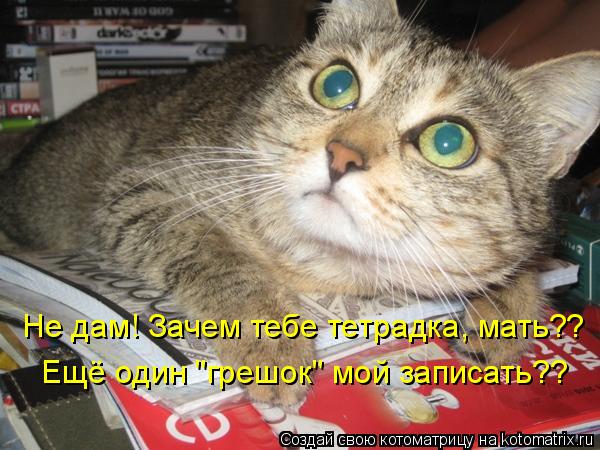 Не дам! Зачем тебе тетрадка, мать?? Ещё один "грешок" мой записать??... Котоматрица: Не дам! Зачем тебе тетрадка, мать?? Ещё один "грешок" мой записать??