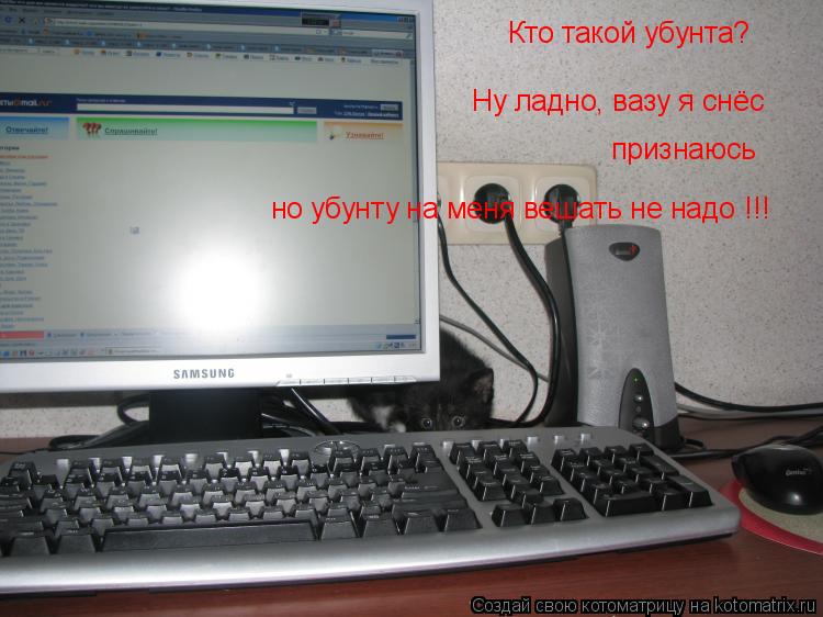 Кто такой убунта? Ну ладно, вазу я снёс признаюсь но убунту на меня вешать не надо !!!... Котоматрица: Кто такой убунта? Ну ладно, вазу я снёс признаюсь но убунту на меня вешать не надо !!!